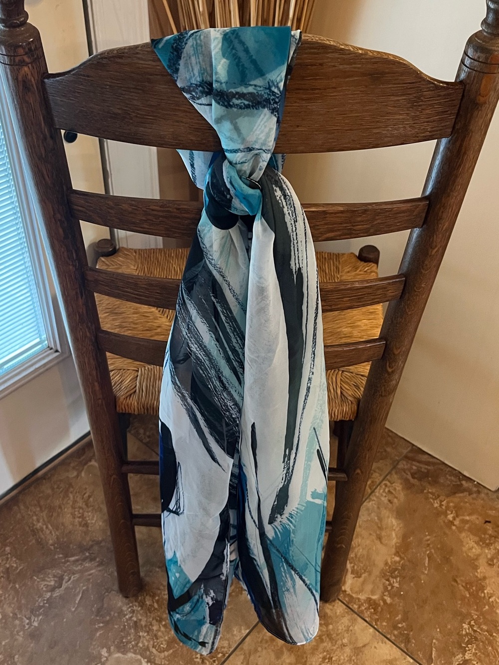 DKNY Blue Abstract Graphic Sheer Scarf Wrap Beach Sarong